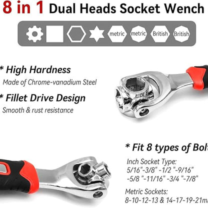 Universal Wrench 8 in 1 -Multifunction Socket Spanner Wrench Tool With 360 Degree Rotating Heads - Multipurpose Handy Ajustable tools for Auto Home Outdoors Indoors Works mors -durable and no slipping best stainless steel wrench